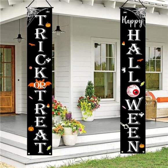 Halloween Decorations Outdoor TRICK OR TREAT Happy HALLOWEEN Banner Porch Sign - Picture 2 of 8